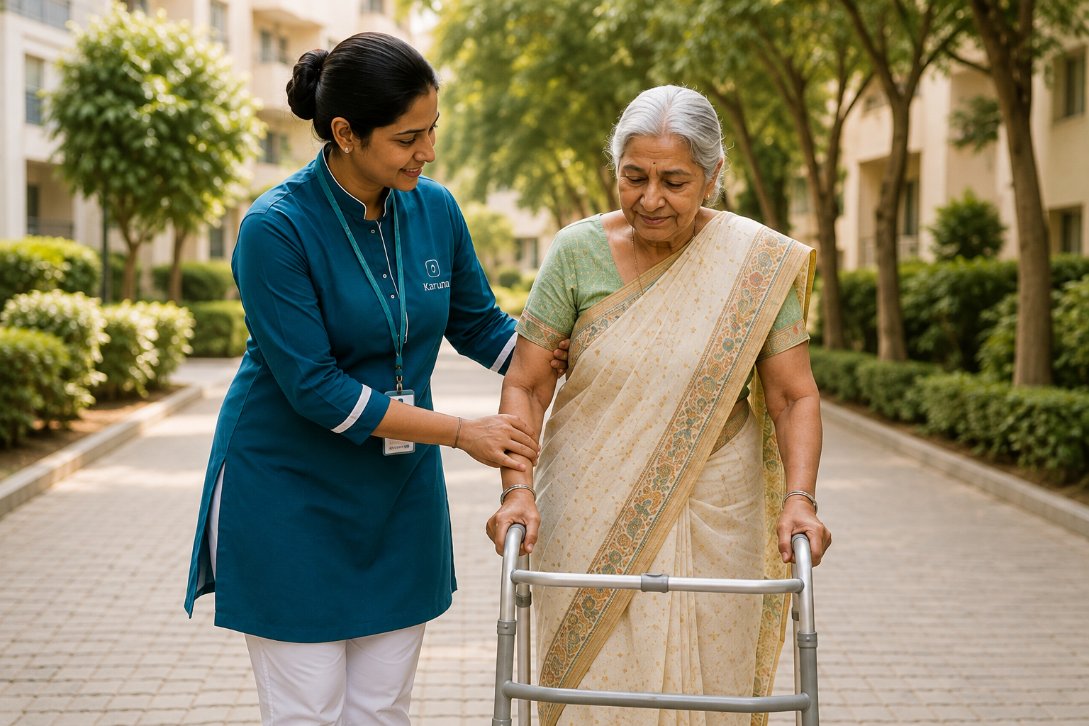 Karuna caregiver supporting an elderly person as they move